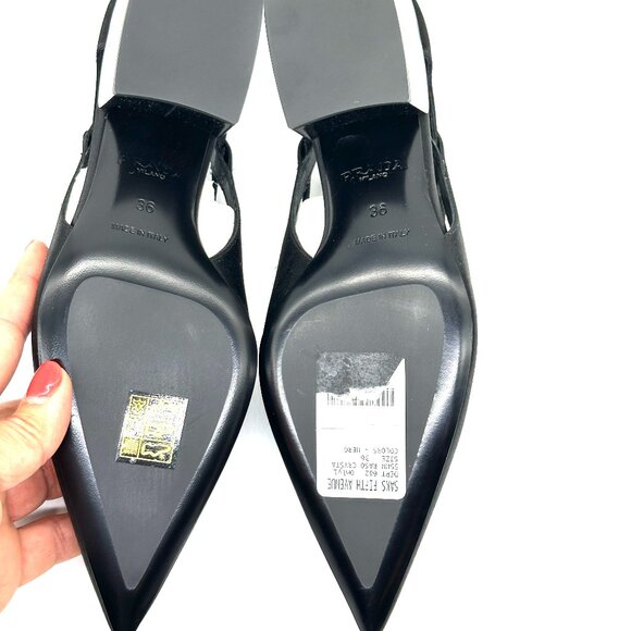PRADA Pointed Toe Cutout Cut Out Block Heel Crystal Satin Leather Pumps - Picture 15 of 16